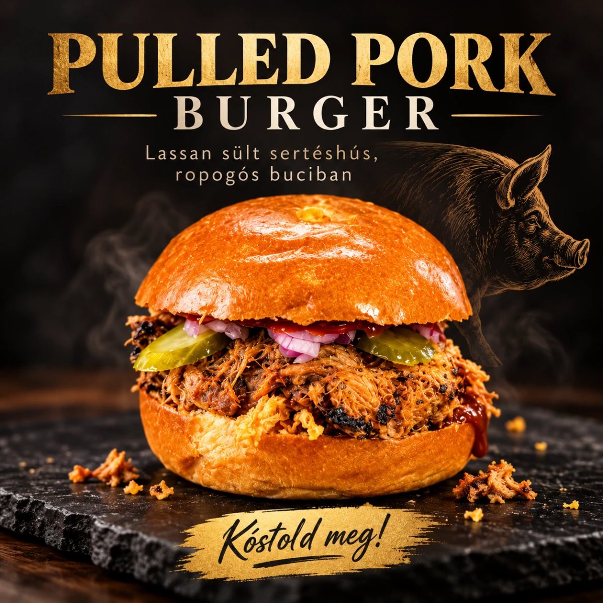 Pulled Pork Burger plakát: tépett malachús házi bucival, csemegeuborkával és BBQ szósszal — Kóstold meg!